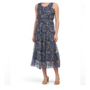 Lara Guidotti Blue Paisley Sleeveless Tiered Maxi Dress Small Elastic Waist Boho